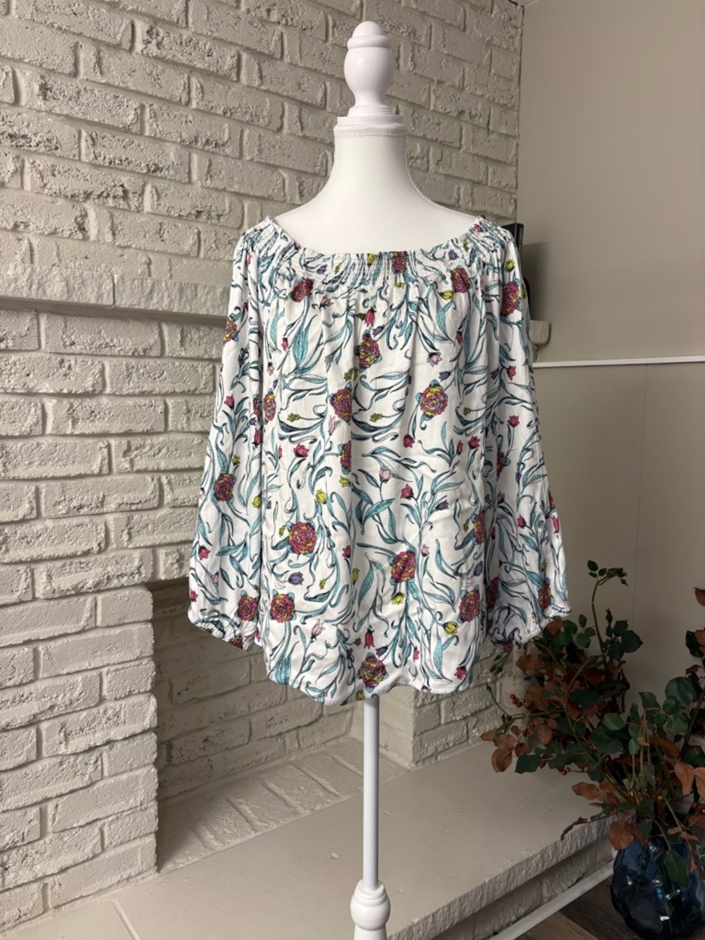 NWT Tribal Women's Aqua Haze Floral Smocked Off-Shoulder Blouse Size XL